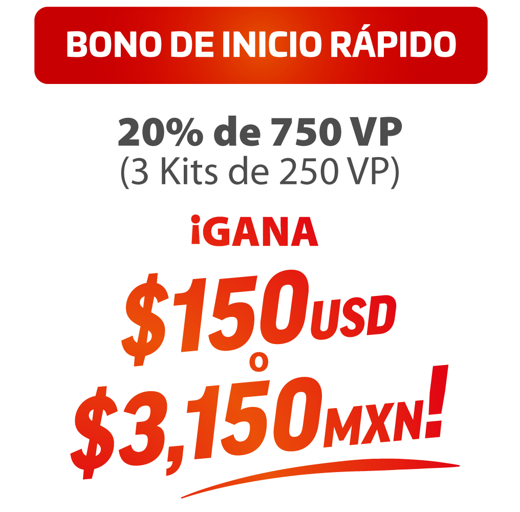 Bono de Inicio Rápido: 20% de 750 VP (3 Kits de 250 VP), gana $150 USD o $3,150 MXN